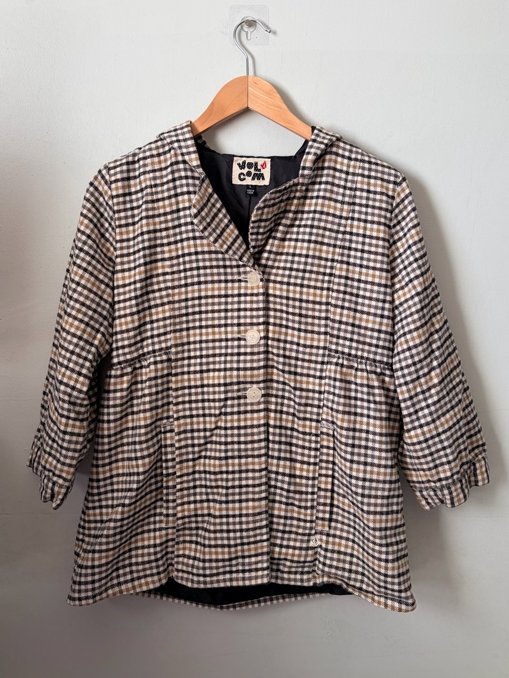 Volcom Vintage Y2K Plaid Hooded Jacket Large Brown Beige Gingham Skate
